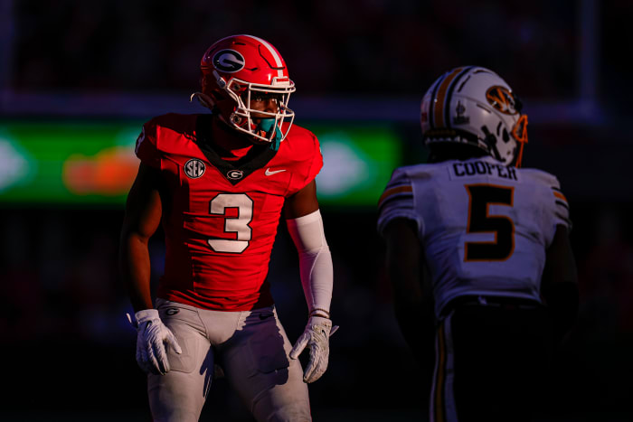 Nov 4, 2023; Athens, Georgia, USA; Georgia Bulldogs defensive back Kamari Lassiter (3) prepares to cover Missouri Tigers wide receiver Mookie Cooper (5) during the second half at Sanford Stadium. Mandatory Credit: Dale Zanine-USA TODAY Sports